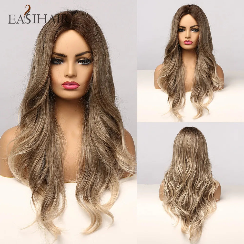 Long Brown Ombre Synthetic Wigs for Women Natural Hair Wavy Wigs Middle Part Female Wig Cosplay Heat Resistant Wigs