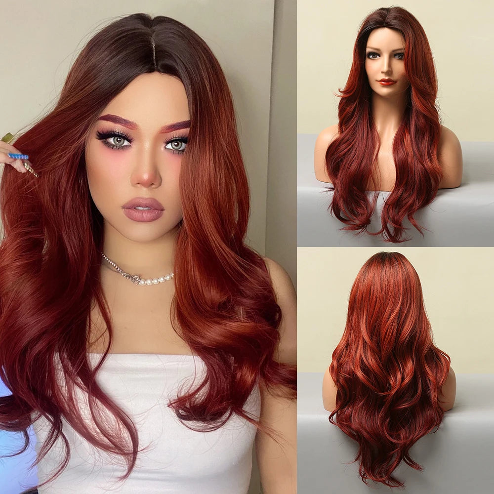 Long Brown Ombre Synthetic Wigs for Women Natural Hair Wavy Wigs Middle Part Female Wig Cosplay Heat Resistant Wigs