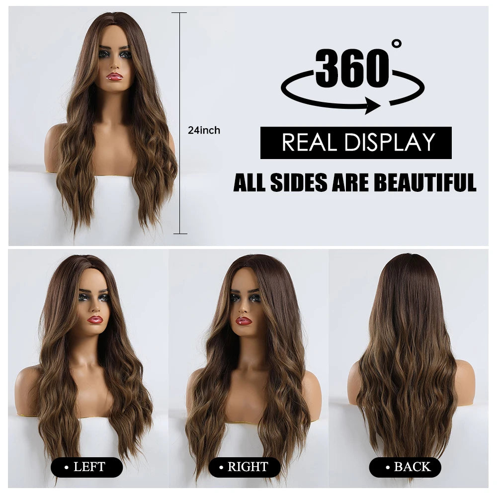 Long Brown Ombre Synthetic Wigs for Women Natural Hair Wavy Wigs Middle Part Female Wig Cosplay Heat Resistant Wigs