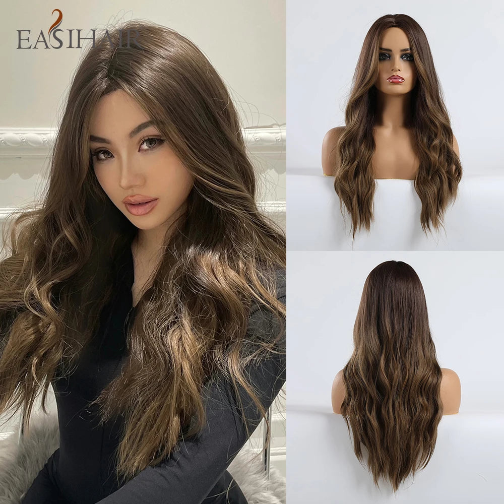 Long Brown Ombre Synthetic Wigs for Women Natural Hair Wavy Wigs Middle Part Female Wig Cosplay Heat Resistant Wigs