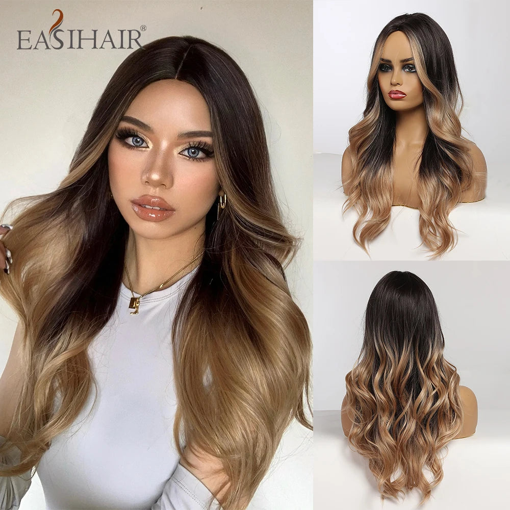 Long Brown Ombre Synthetic Wigs for Women Natural Hair Wavy Wigs Middle Part Female Wig Cosplay Heat Resistant Wigs