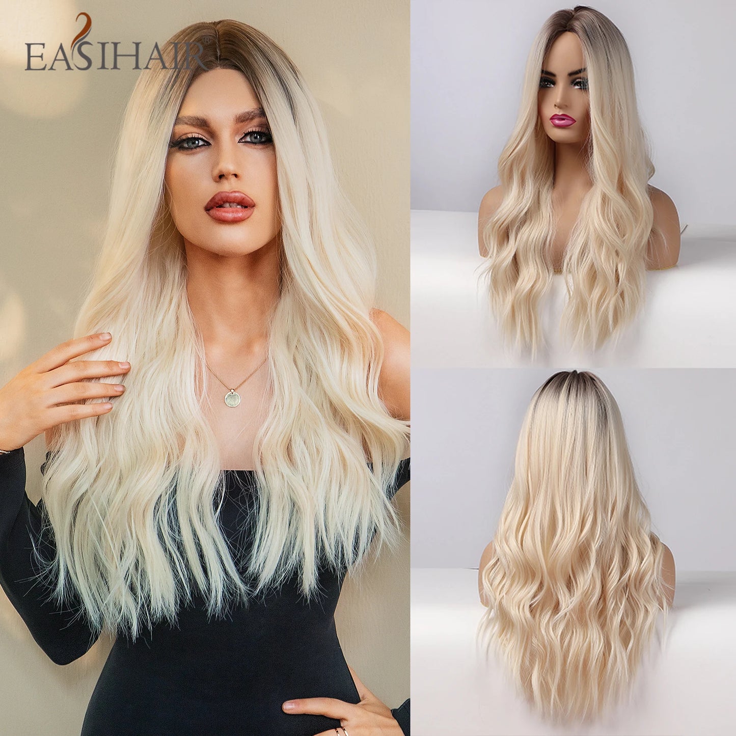 Long Brown Ombre Synthetic Wigs for Women Natural Hair Wavy Wigs Middle Part Female Wig Cosplay Heat Resistant Wigs