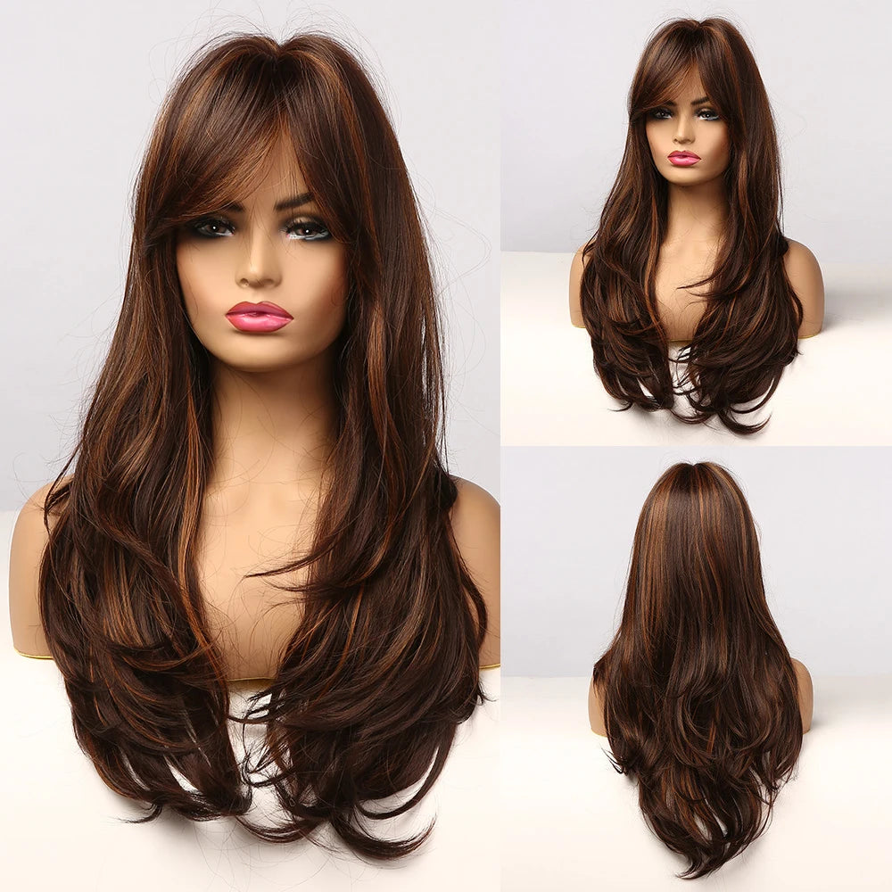 Long Brown Ombre Synthetic Wigs for Women Natural Hair Wavy Wigs Middle Part Female Wig Cosplay Heat Resistant Wigs