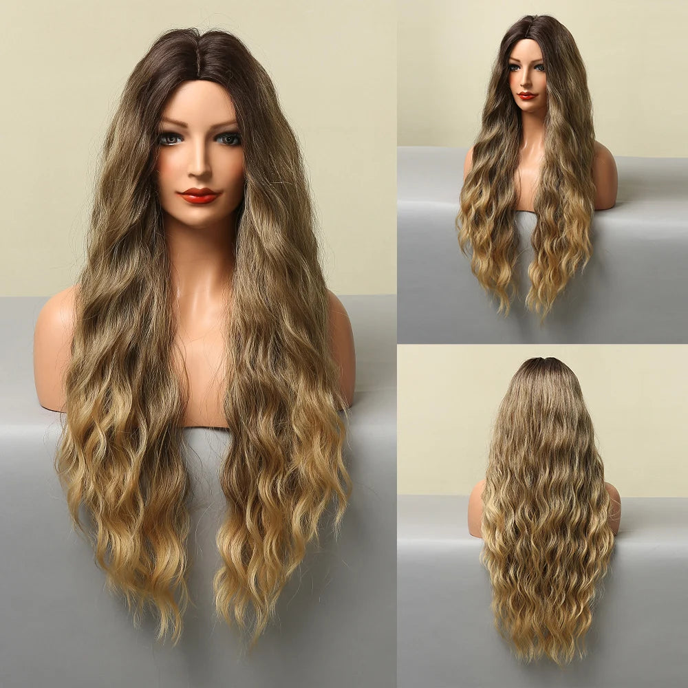 Long Brown Ombre Synthetic Wigs for Women Natural Hair Wavy Wigs Middle Part Female Wig Cosplay Heat Resistant Wigs