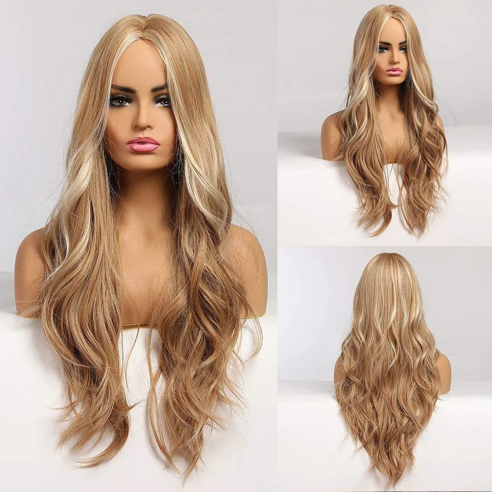 Long Brown Ombre Synthetic Wigs for Women Natural Hair Wavy Wigs Middle Part Female Wig Cosplay Heat Resistant Wigs