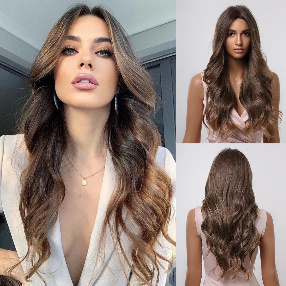 Long Brown Ombre Synthetic Wigs for Women Natural Hair Wavy Wigs Middle Part Female Wig Cosplay Heat Resistant Wigs