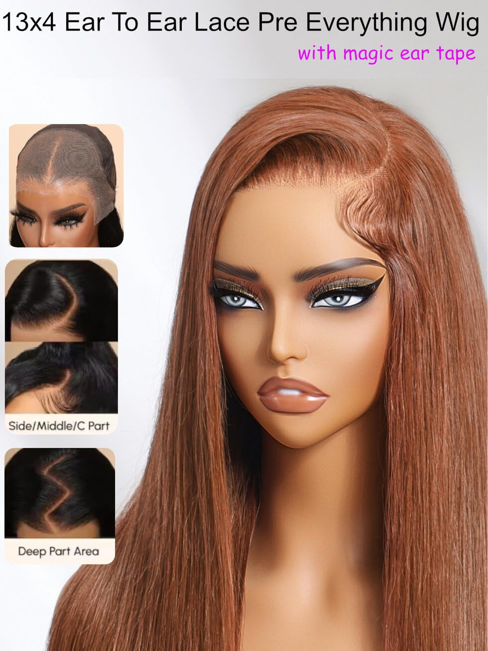 16-Inch Copper Brown Straight Glueless 13X4 Lace Front Wig - Pre-Plucked, Bleached Knots, 150% Density