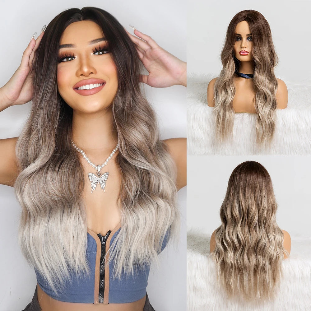 Long Brown Ombre Synthetic Wigs for Women Natural Hair Wavy Wigs Middle Part Female Wig Cosplay Heat Resistant Wigs