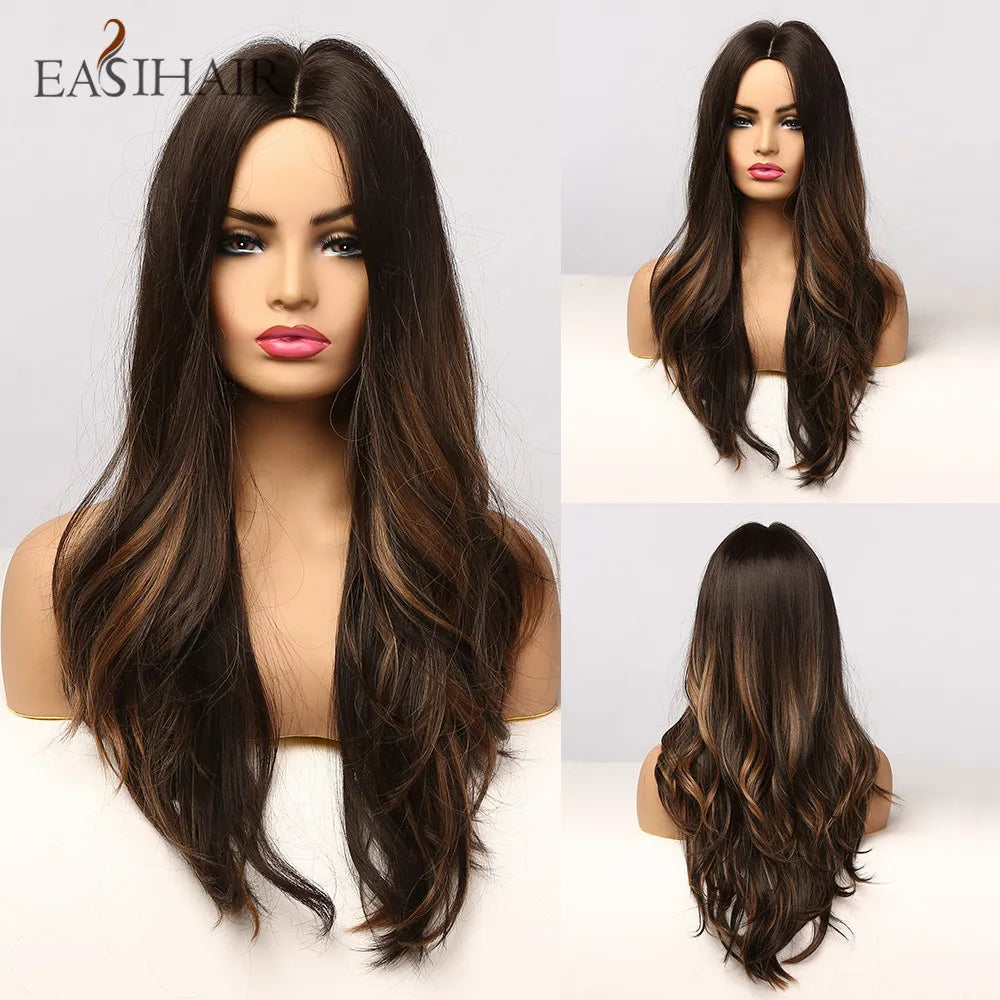 Long Brown Ombre Synthetic Wigs for Women Natural Hair Wavy Wigs Middle Part Female Wig Cosplay Heat Resistant Wigs