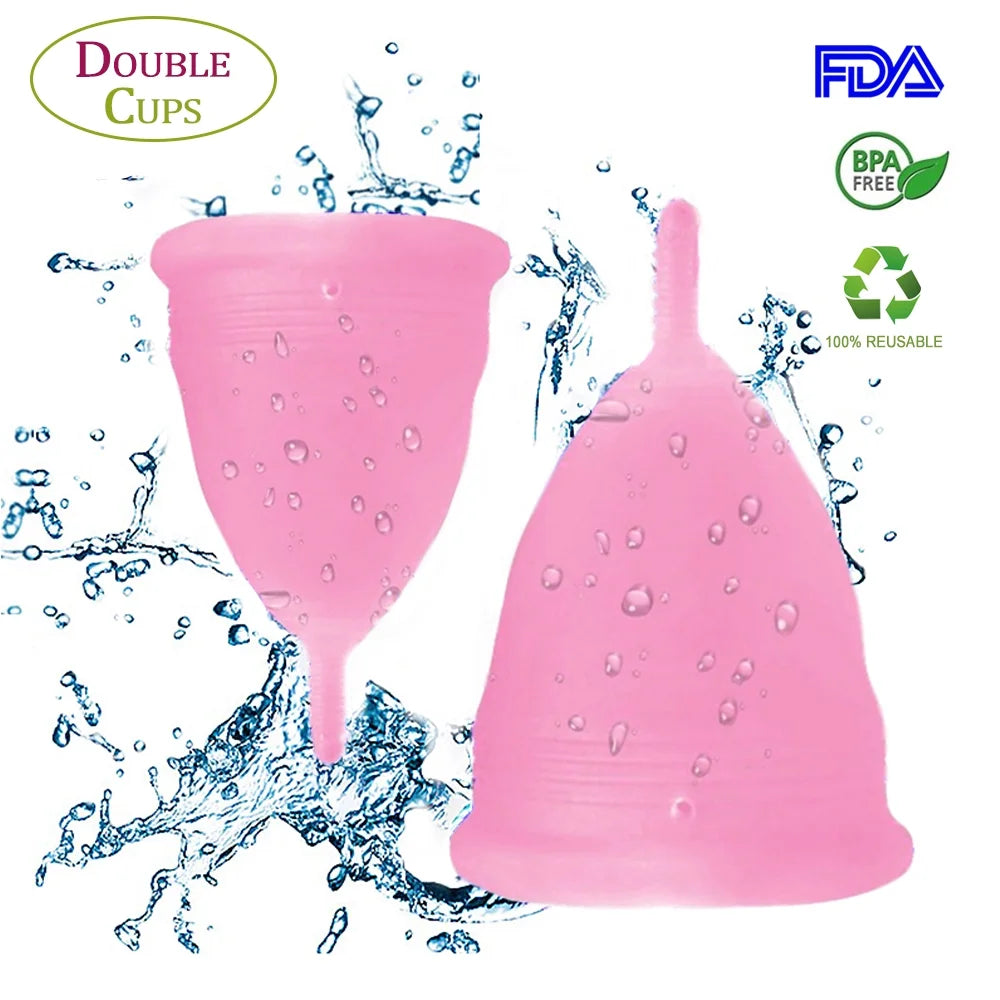 Menstrual Cups, Reusable Period Cup for Beginners | Tampons & Pads Alternative, FDA Approved Silicone Menstrual Cup Set, Superior to the Diva Cup | Double Cups (Regular and Heavy Flow) - Pink