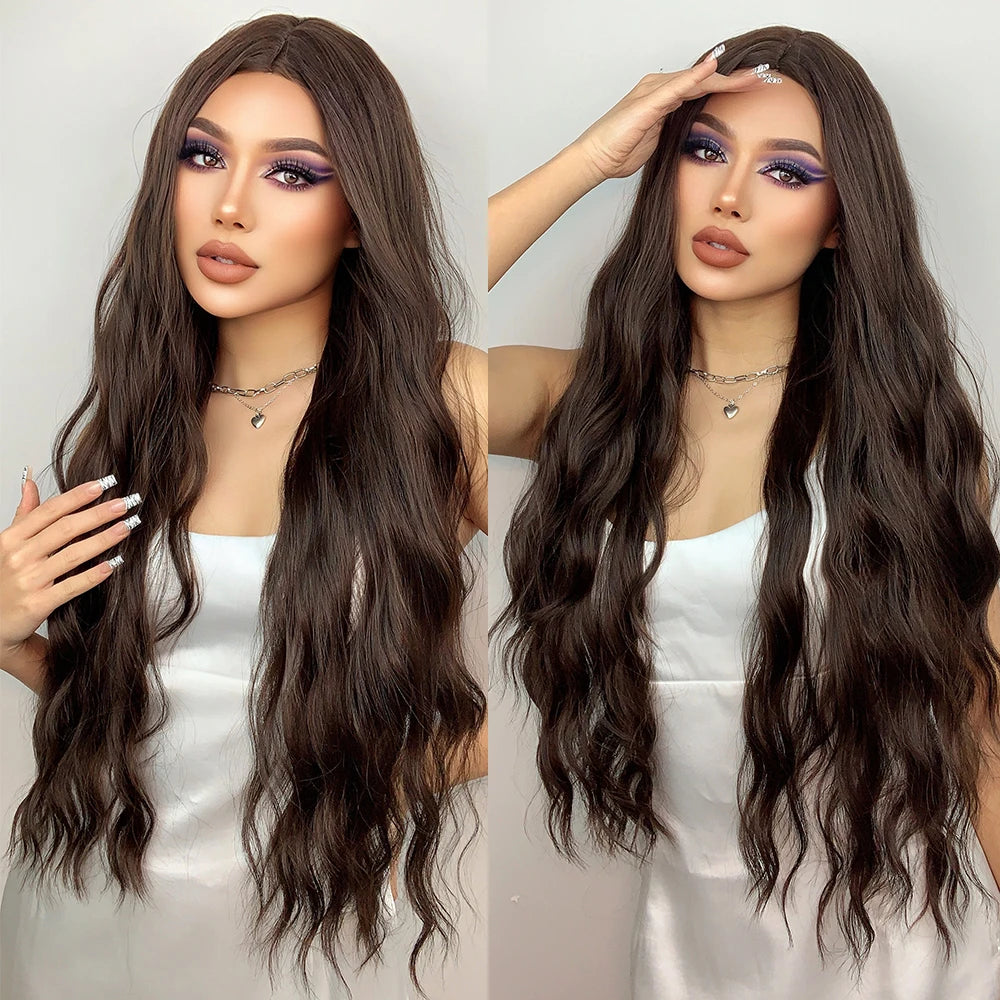 Long Brown Ombre Synthetic Wigs for Women Natural Hair Wavy Wigs Middle Part Female Wig Cosplay Heat Resistant Wigs