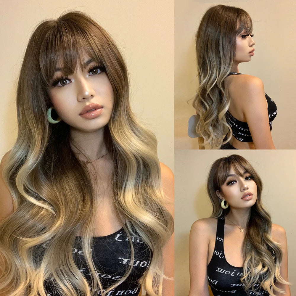 Long Brown Ombre Synthetic Wigs for Women Natural Hair Wavy Wigs Middle Part Female Wig Cosplay Heat Resistant Wigs