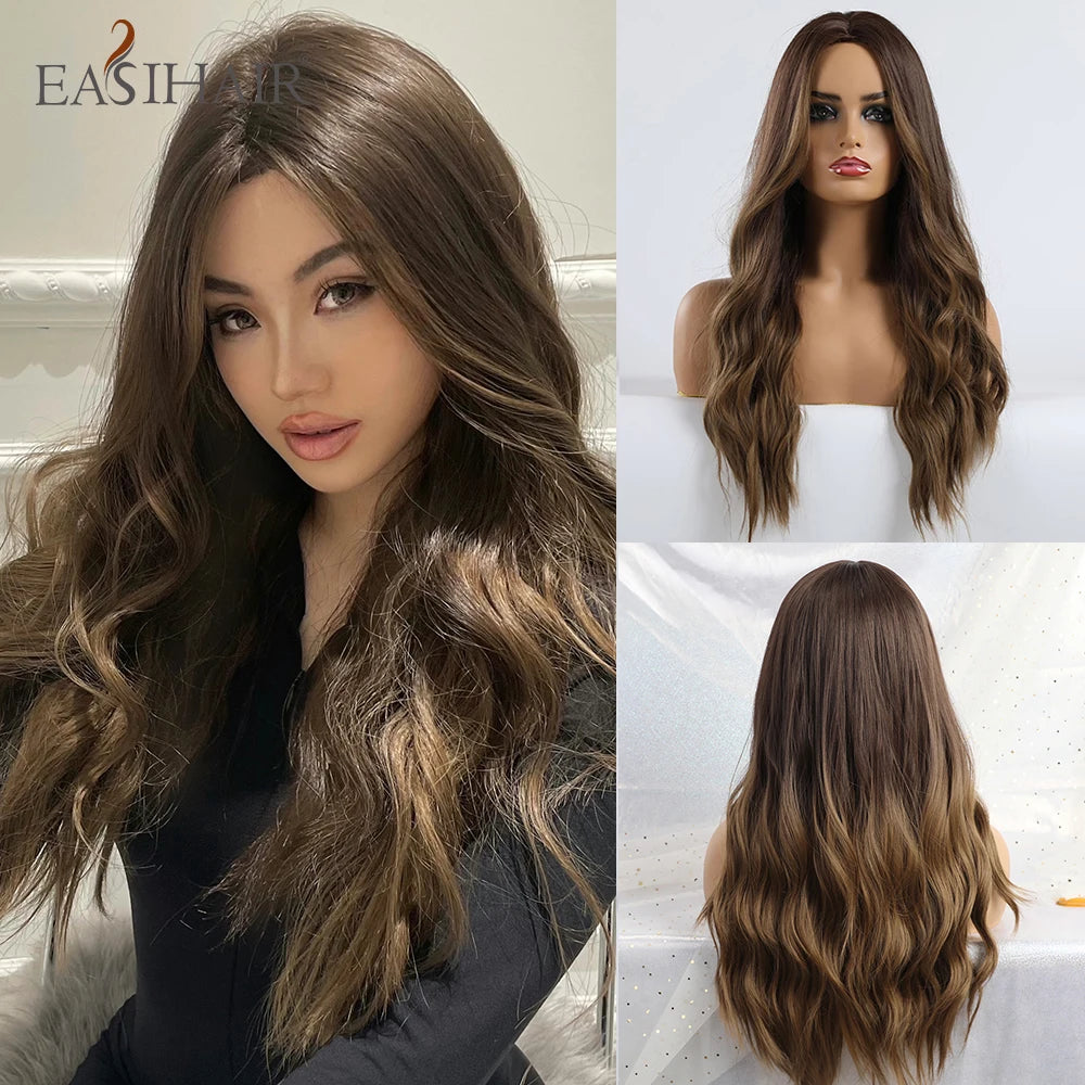 Long Brown Ombre Synthetic Wigs for Women Natural Hair Wavy Wigs Middle Part Female Wig Cosplay Heat Resistant Wigs