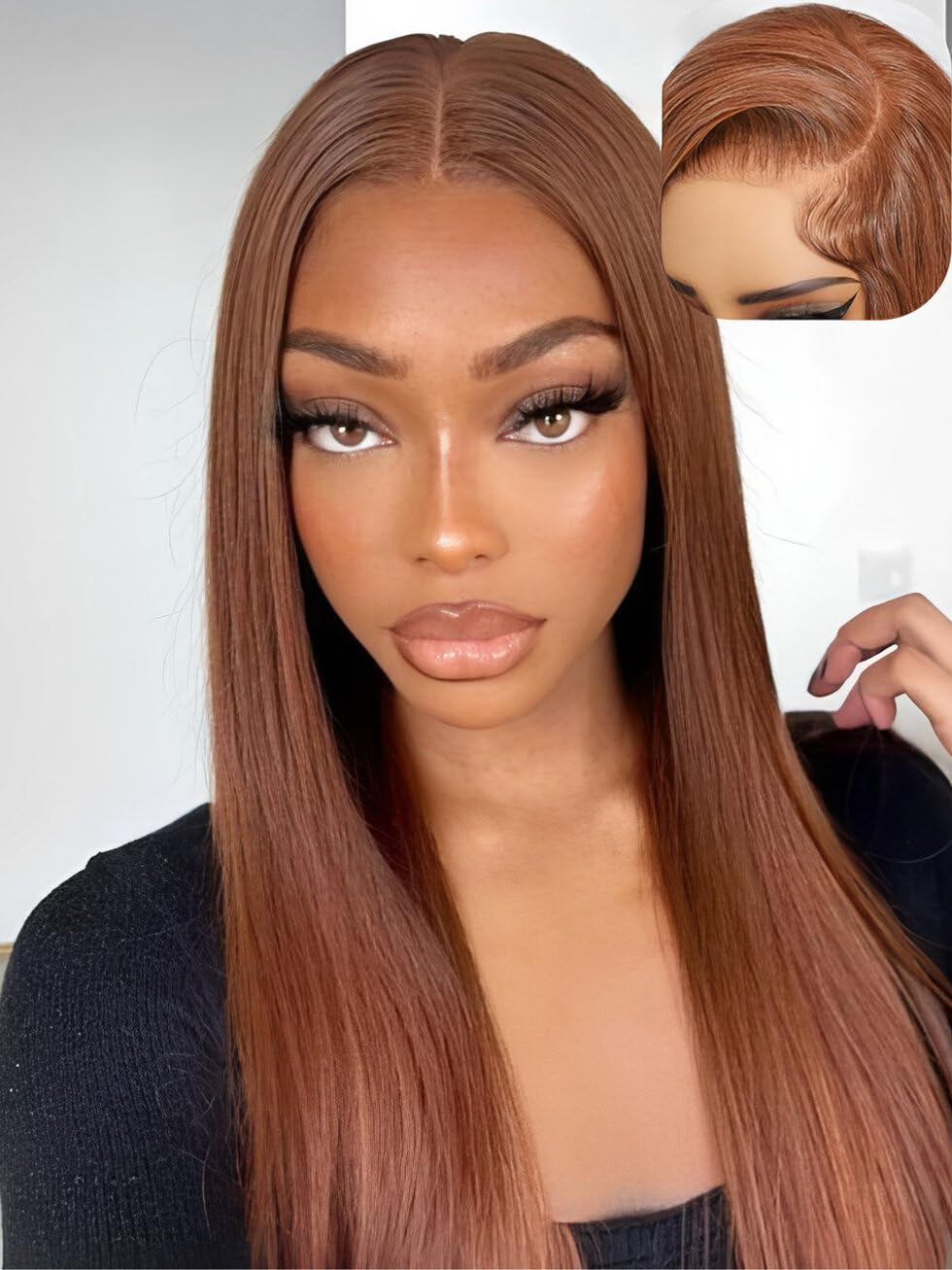 16-Inch Copper Brown Straight Glueless 13X4 Lace Front Wig - Pre-Plucked, Bleached Knots, 150% Density