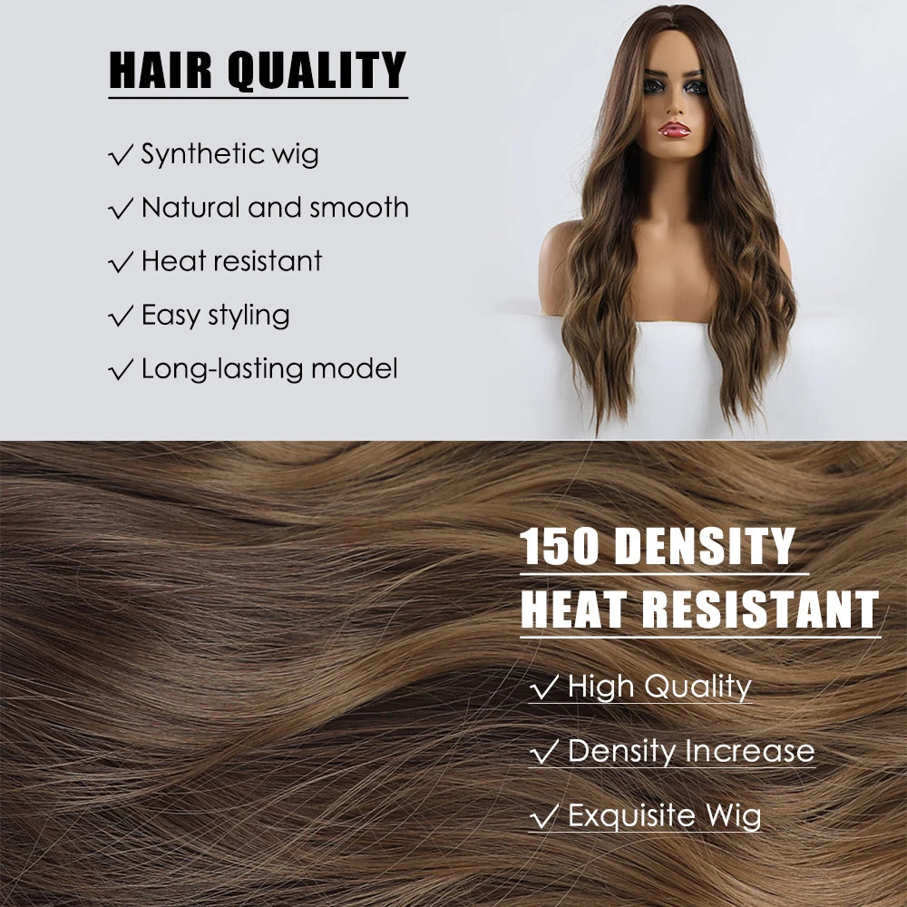 Long Brown Ombre Synthetic Wigs for Women Natural Hair Wavy Wigs Middle Part Female Wig Cosplay Heat Resistant Wigs