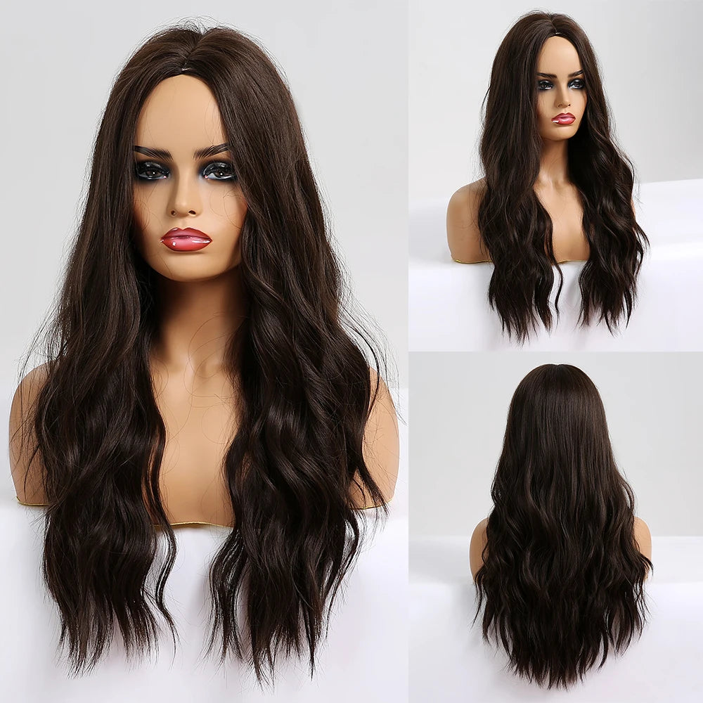 Long Brown Ombre Synthetic Wigs for Women Natural Hair Wavy Wigs Middle Part Female Wig Cosplay Heat Resistant Wigs