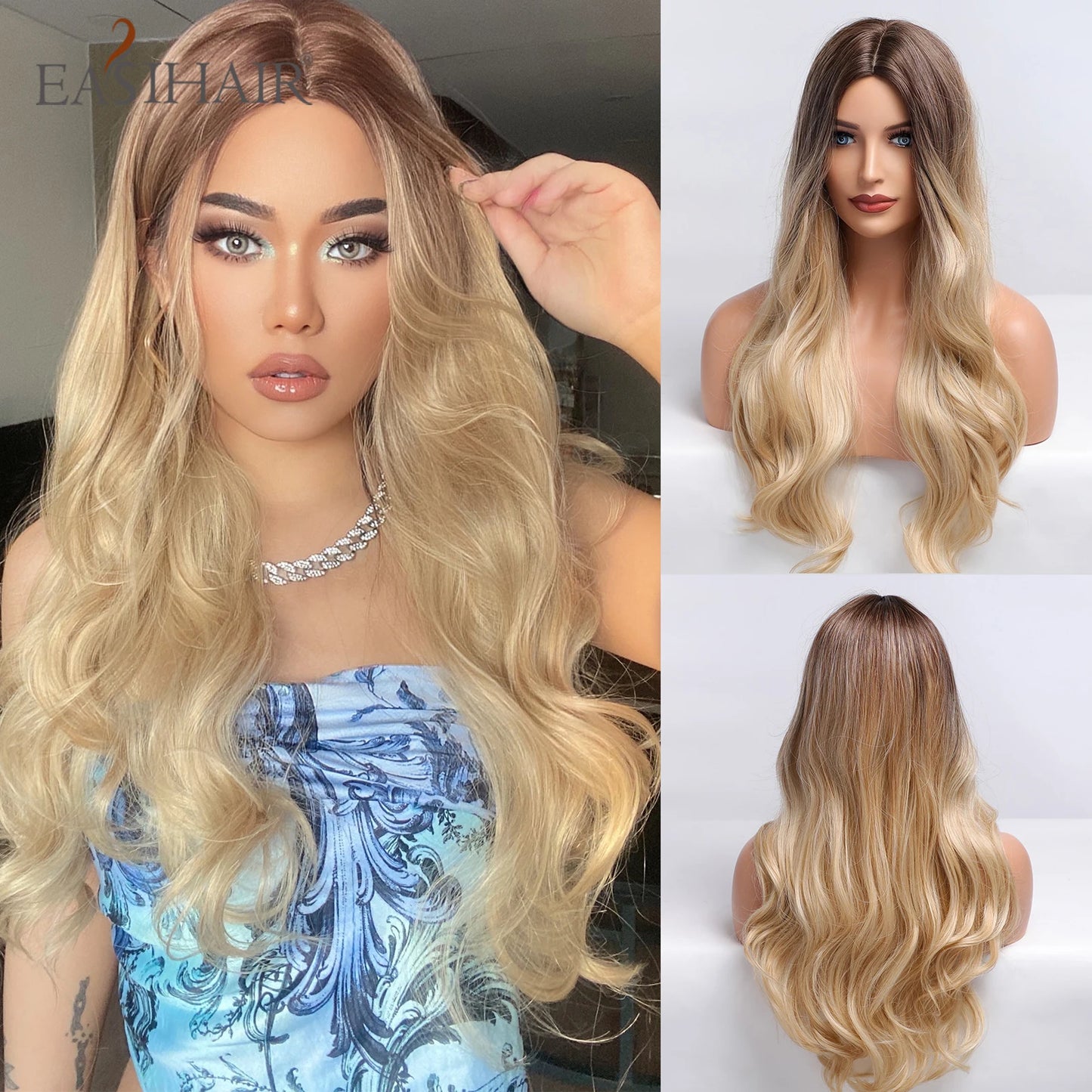 Long Brown Ombre Synthetic Wigs for Women Natural Hair Wavy Wigs Middle Part Female Wig Cosplay Heat Resistant Wigs