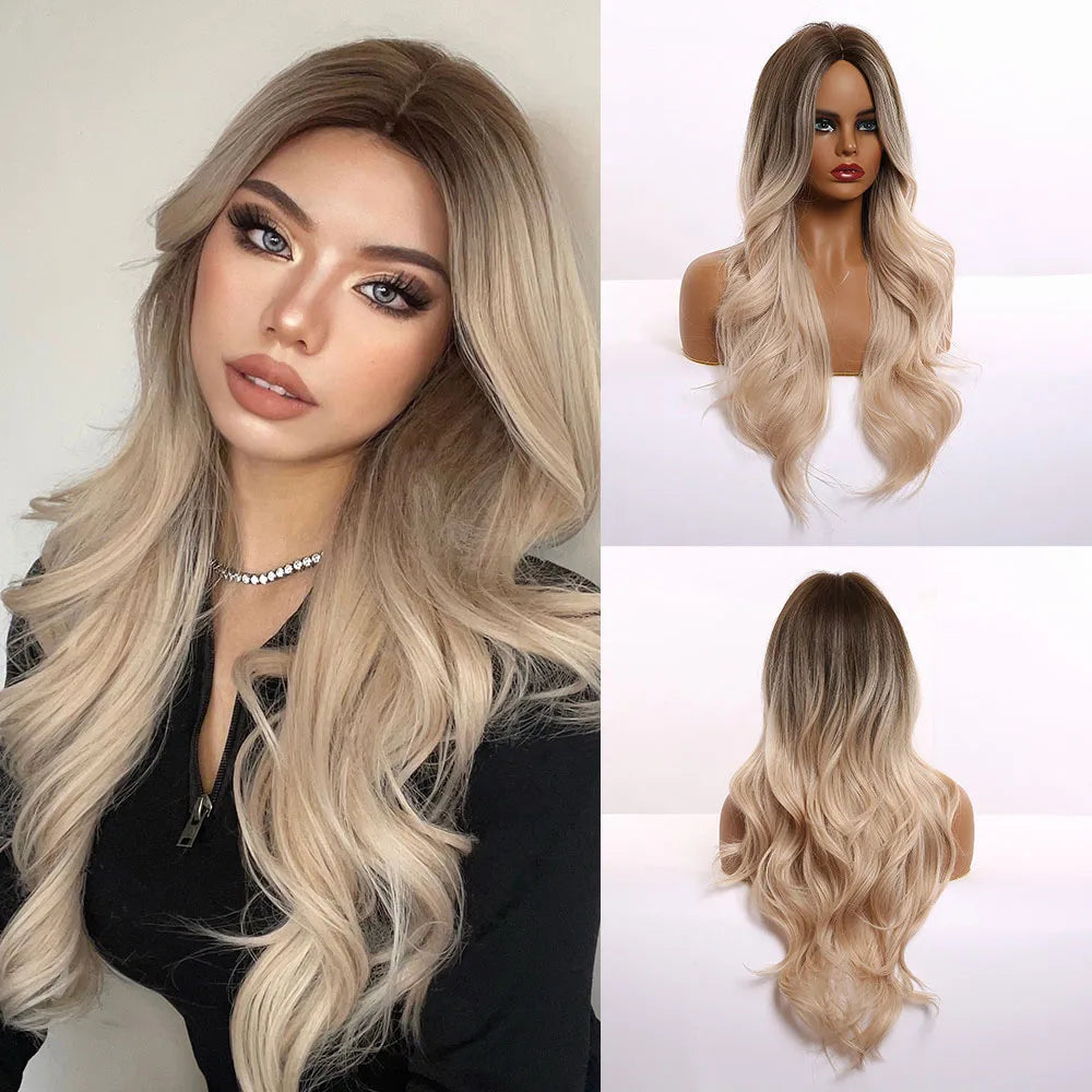 Long Brown Ombre Synthetic Wigs for Women Natural Hair Wavy Wigs Middle Part Female Wig Cosplay Heat Resistant Wigs