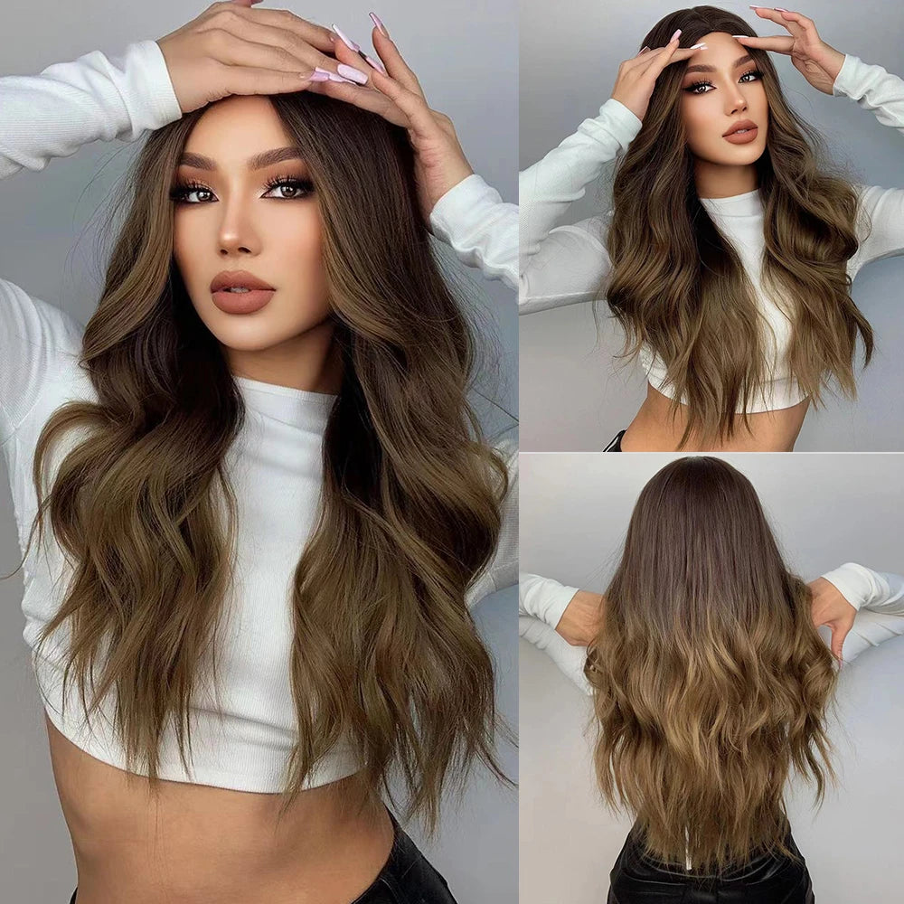 Long Brown Ombre Synthetic Wigs for Women Natural Hair Wavy Wigs Middle Part Female Wig Cosplay Heat Resistant Wigs