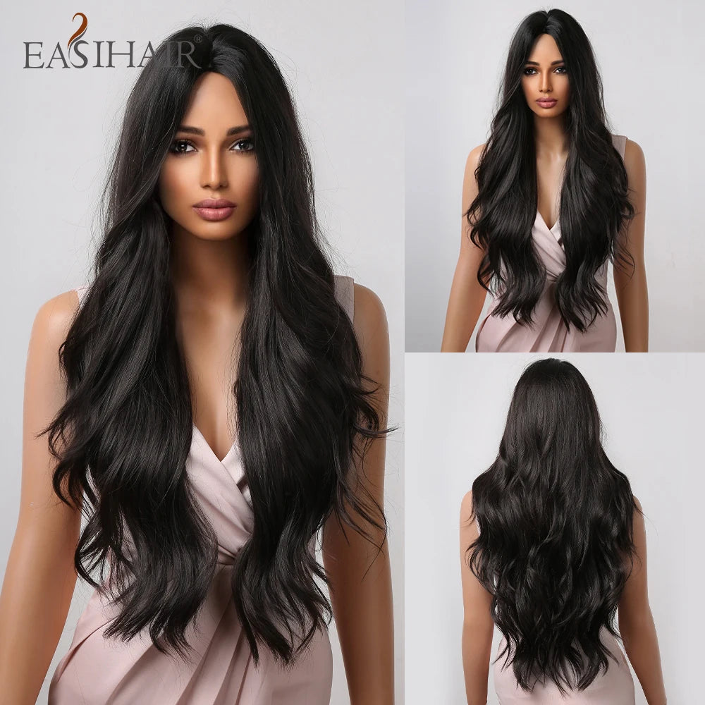 Long Brown Ombre Synthetic Wigs for Women Natural Hair Wavy Wigs Middle Part Female Wig Cosplay Heat Resistant Wigs