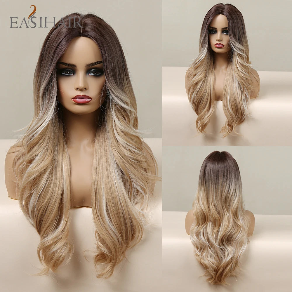 Long Brown Ombre Synthetic Wigs for Women Natural Hair Wavy Wigs Middle Part Female Wig Cosplay Heat Resistant Wigs