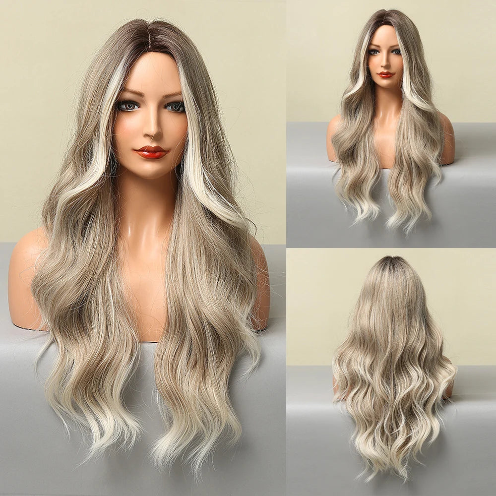 Long Brown Ombre Synthetic Wigs for Women Natural Hair Wavy Wigs Middle Part Female Wig Cosplay Heat Resistant Wigs