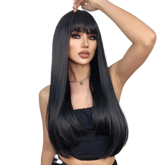 22" Long Black Wig Straight Black Wigs with Bangs Human Hair Wigs for Black Women Glueless Wigs for Women Black Long Bob Wigs