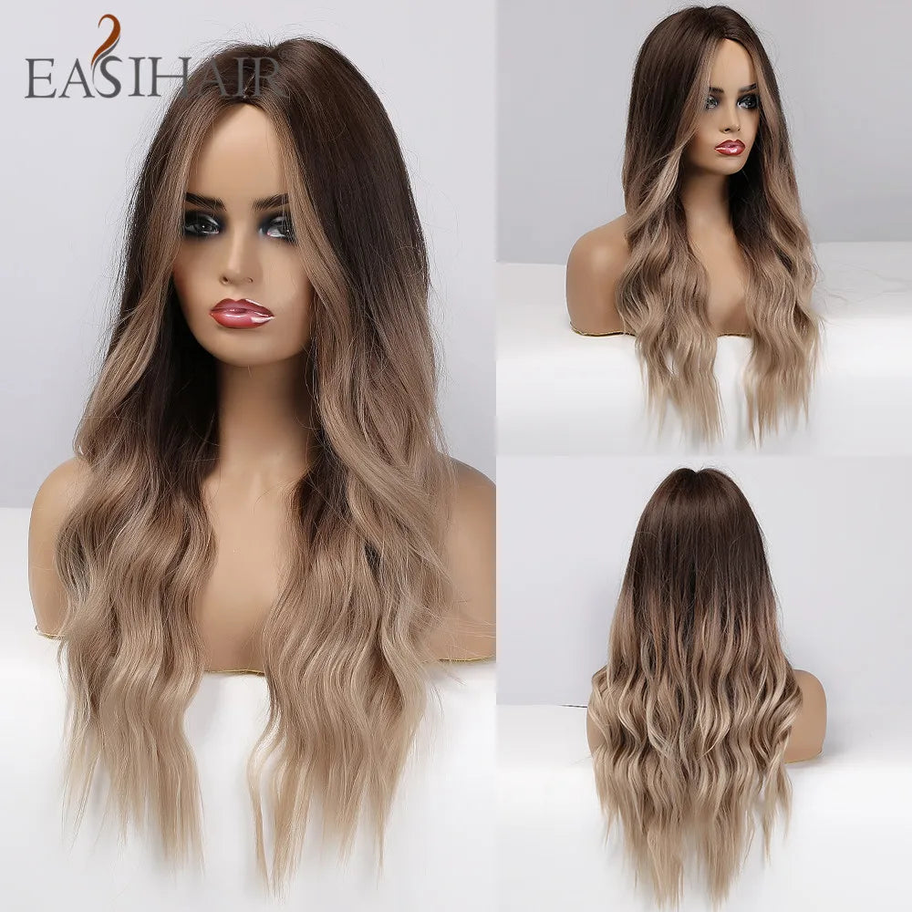 Long Brown Ombre Synthetic Wigs for Women Natural Hair Wavy Wigs Middle Part Female Wig Cosplay Heat Resistant Wigs