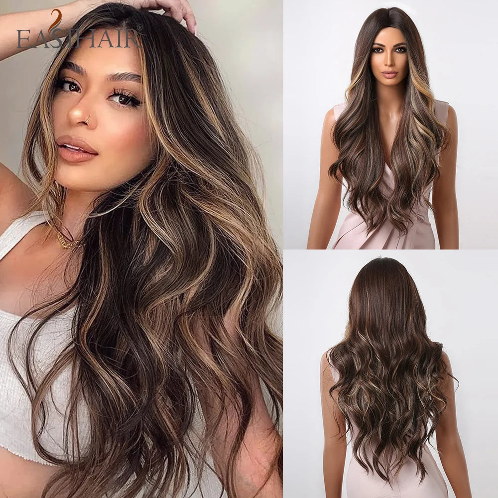 Long Brown Ombre Synthetic Wigs for Women Natural Hair Wavy Wigs Middle Part Female Wig Cosplay Heat Resistant Wigs