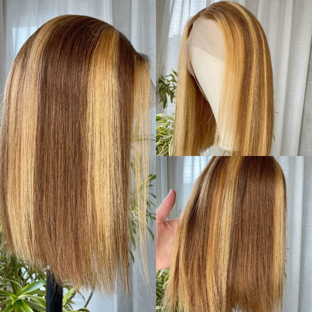 Ombre Highlight Lace Front Bob Wig Human Hair Straight 13X4 Lace Frontal Omber Blonde Colored Human Hair Wigs for Women Lace Frontal Wigs 180% Density Pre Plucked 10 Inch