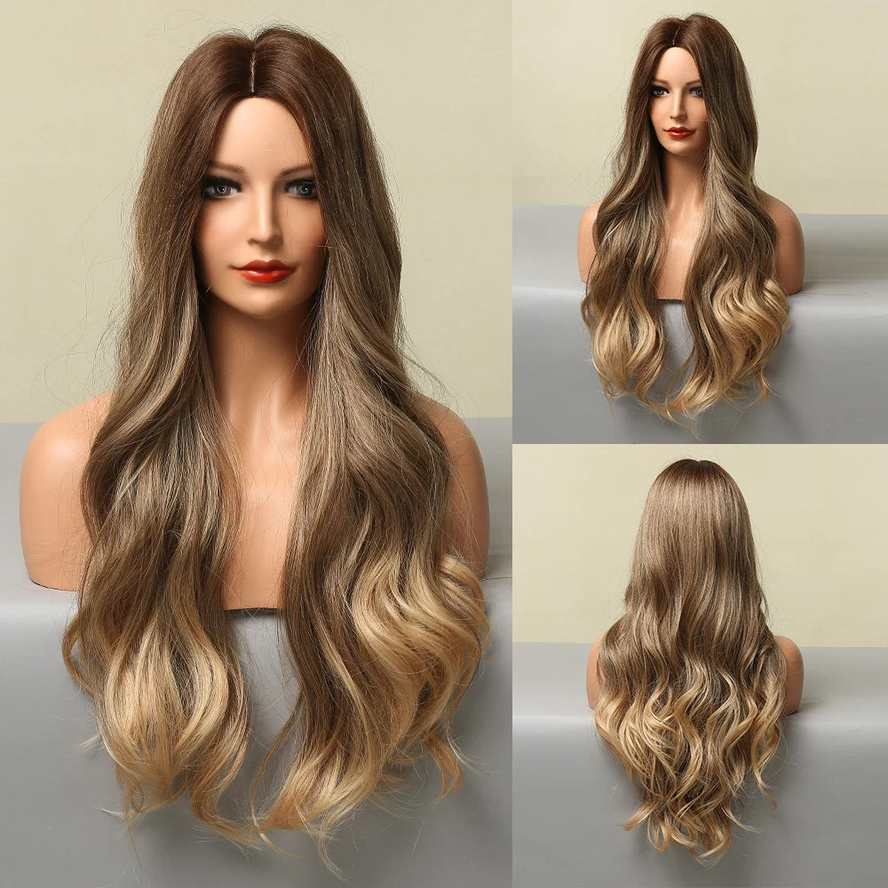 Long Brown Ombre Synthetic Wigs for Women Natural Hair Wavy Wigs Middle Part Female Wig Cosplay Heat Resistant Wigs