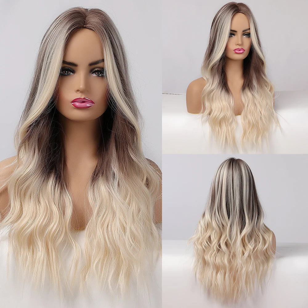 Long Brown Ombre Synthetic Wigs for Women Natural Hair Wavy Wigs Middle Part Female Wig Cosplay Heat Resistant Wigs