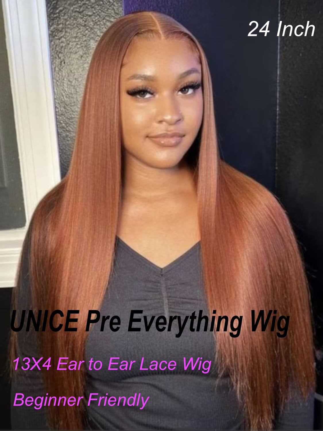 16-Inch Copper Brown Straight Glueless 13X4 Lace Front Wig - Pre-Plucked, Bleached Knots, 150% Density