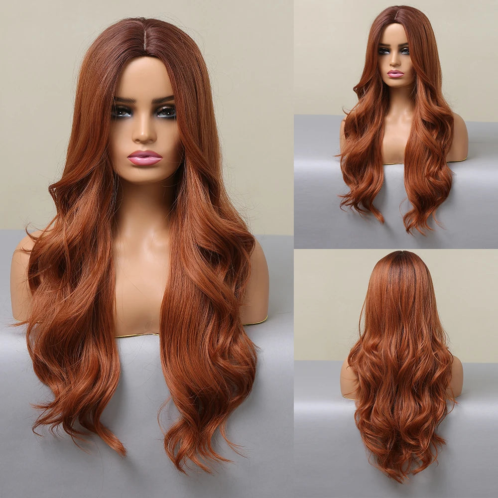 Long Brown Ombre Synthetic Wigs for Women Natural Hair Wavy Wigs Middle Part Female Wig Cosplay Heat Resistant Wigs