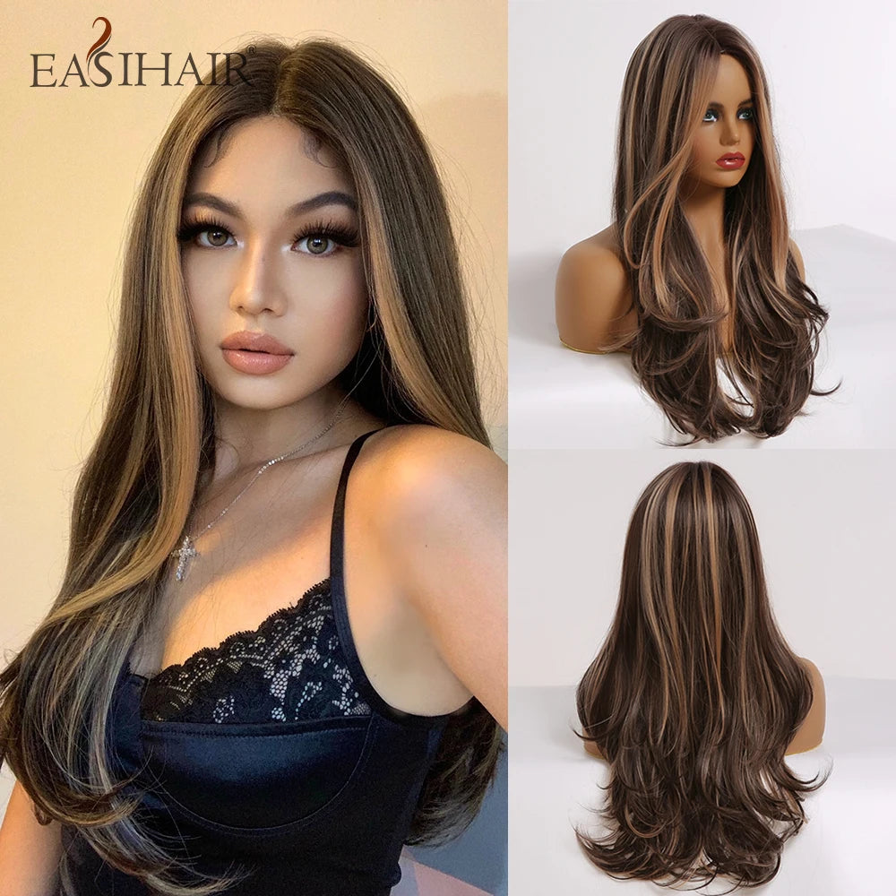 Long Brown Ombre Synthetic Wigs for Women Natural Hair Wavy Wigs Middle Part Female Wig Cosplay Heat Resistant Wigs